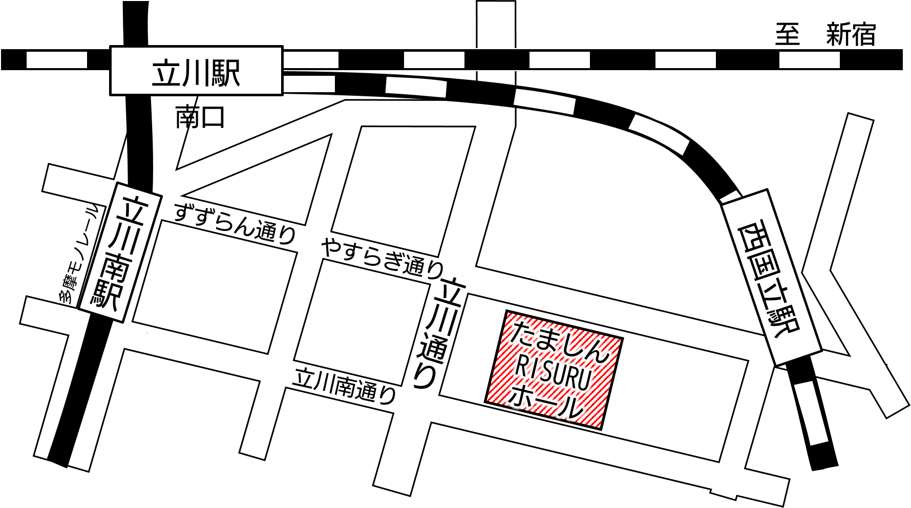 たましんRISURUホールへはJR中央線立川駅南口より、徒歩13分。JR南武線西国立駅より、徒歩7分。多摩モノレール立川南駅より、立川南通りを直進。徒歩12分