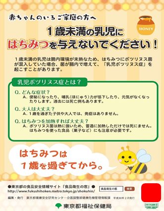 東京都健康安全研究センター 注意喚起 1歳未満の乳児にはちみつを与えないでください リーフレット等の二次元コードは使用しないでください