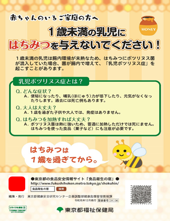 東京都健康安全研究センター 注意喚起 1歳未満の乳児にはちみつを与えないでください リーフレット等の二次元コードは使用しないでください